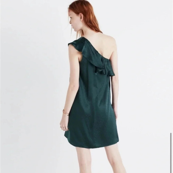 Madewell Emerald Green Silk Dancefloor Polka Dot One Shoulder Dress Size 10 - Picture 2 of 13
